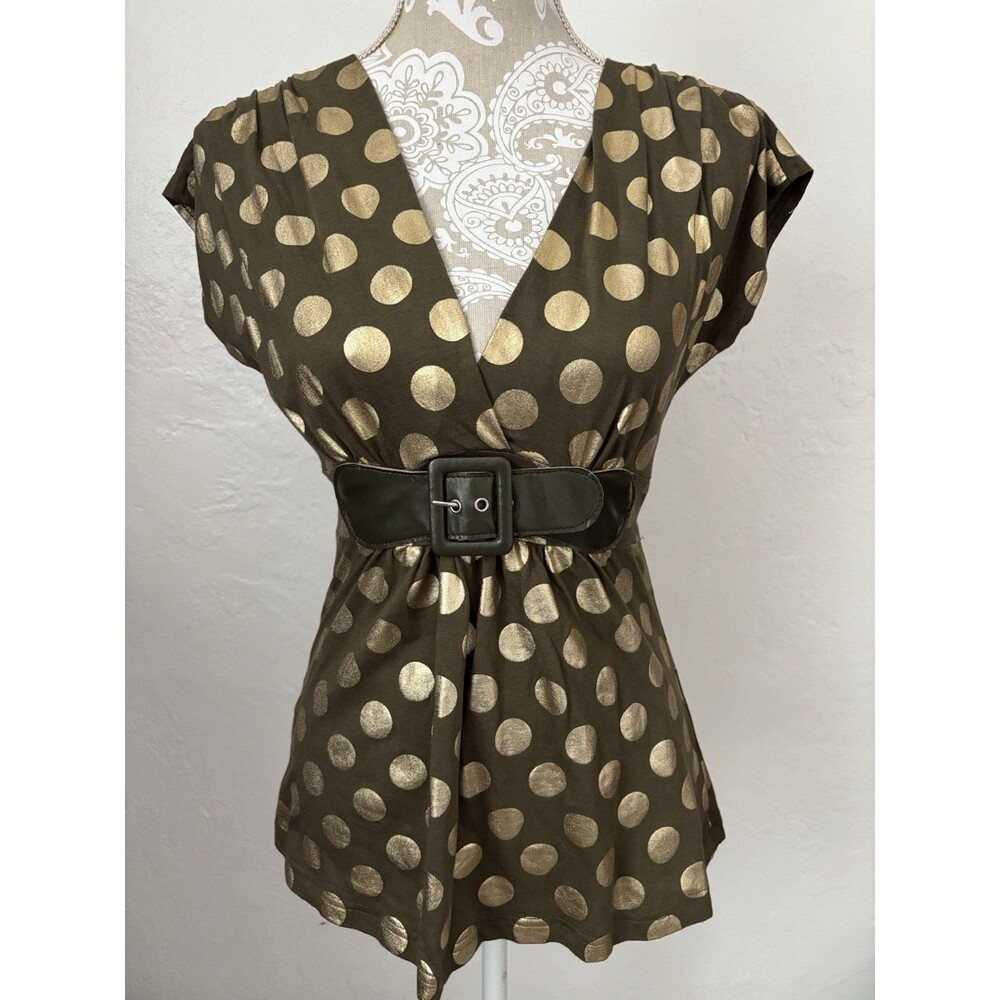 Anxiety Y2K Green and Gold Belted Polka Dot V-Neck Blouse T-Shirt Size Small